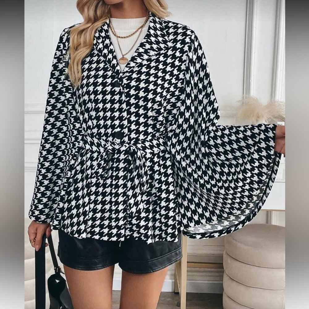 Black White Houndstooth Batwing Sleeve Poncho Cape Jacket LIGHGWEIGHT